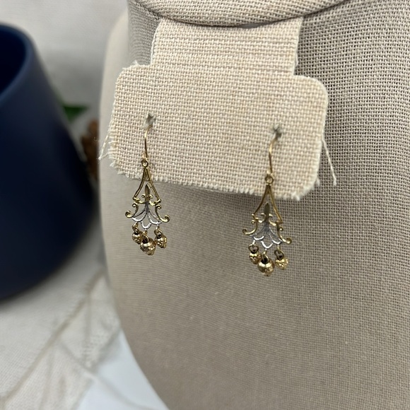 Vintage White & Yellow 10K Gold Chandelier Earrings - Picture 4 of 9